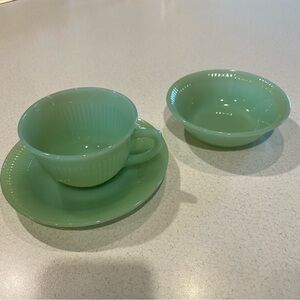 Vintage MCM 1950s Jadeite Fire King Cup & Saucer w Dessert Bowl Jane Ray Pattern